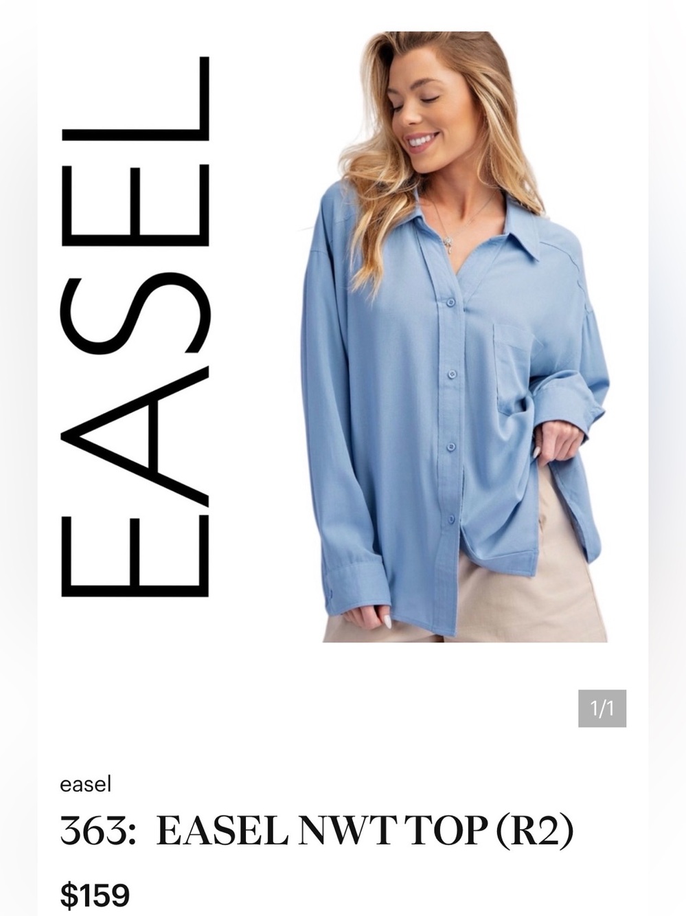 easel Soft Dusty Blue Oversized Button-Up Shirt SzL NEW